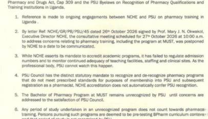 PSU Maintains Non-Recognition of MUST Pharmacy Programme